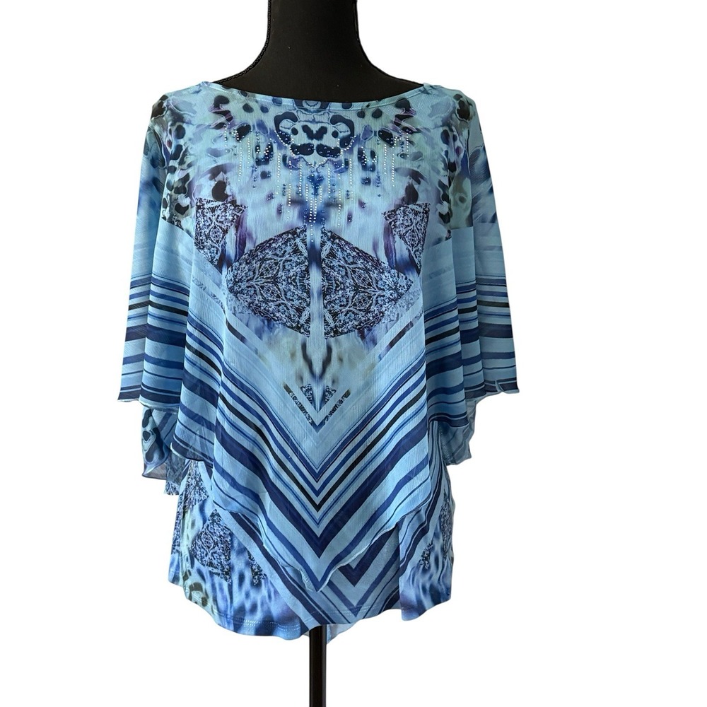 World Unity 2 Piece Blue Bling Tank With Chiffon Poncho Overlay Top‎ Size Large